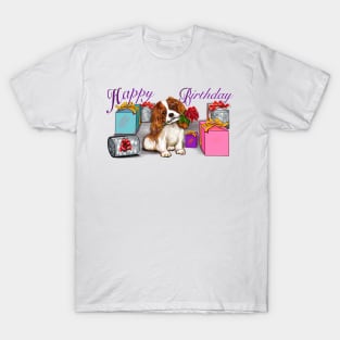 Happy birthday Cavoodle puppy dog with rose in its mouth surrounded by gifts ii. Cavapoo birthday T-Shirt